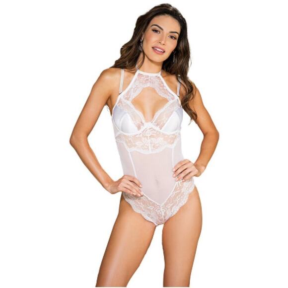 🦋B2G1🦋SHIRLEY OF HOLLYWOOD Underwire High Neck Lace Mesh Teddy Lingerie WHITE - Picture 1 of 4